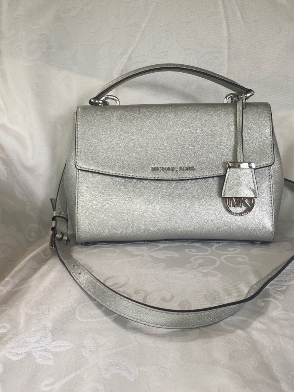 Michael Kors Silver Saffiano Leather Satchel Crossbody Bag